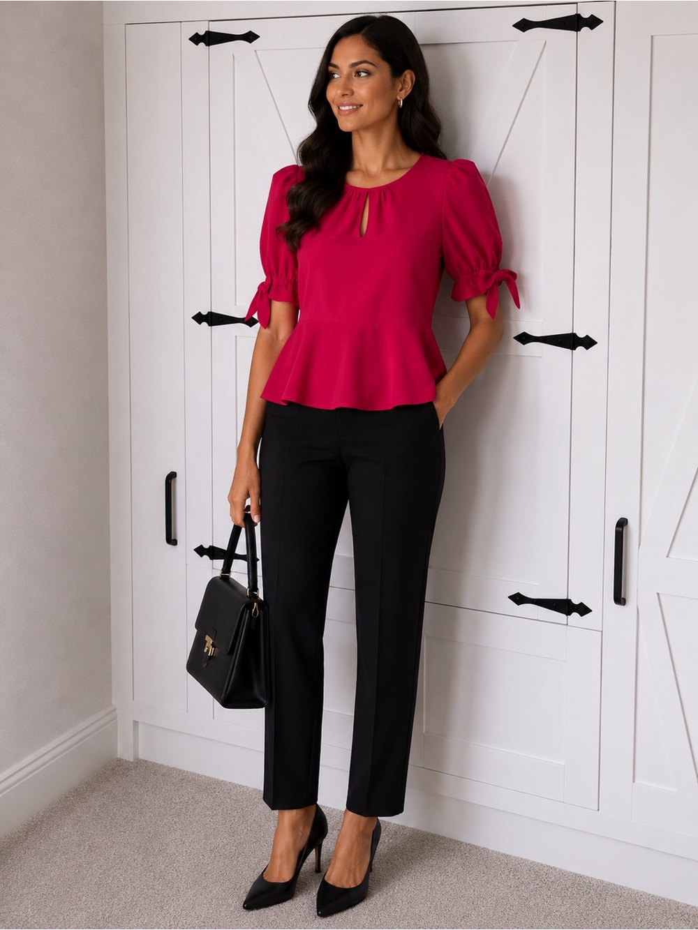 Pink Fuchsia Tie-Sleeve Peplum Blouse
